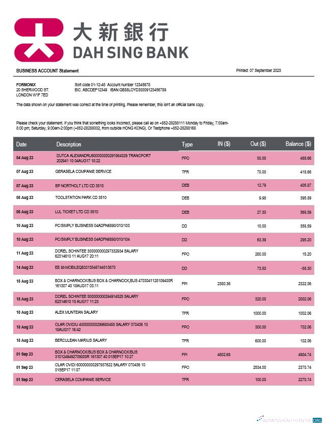 Download Dah Sing Bank company checking account statement Word and PDF template Photoshop template